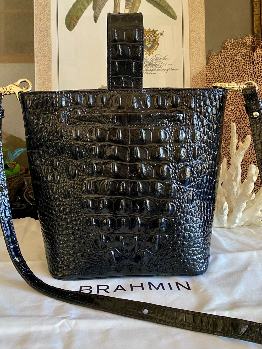BRAHMIN BLACK LUXE FAITH HANDBAG ~SWAROVSKI CRYSTALS (($365)) Luxury Black Croc - Picture 13 of 14